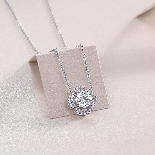 Flower Halo Necklace - GRA Certified Moissanite | Platinum Plated Sterling Silver