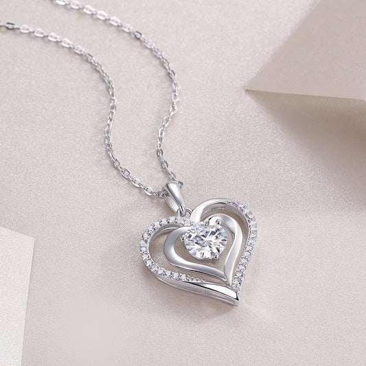 Double Heart Necklace - GRA Certified Moissanite | Platinum Plated Serling Silver