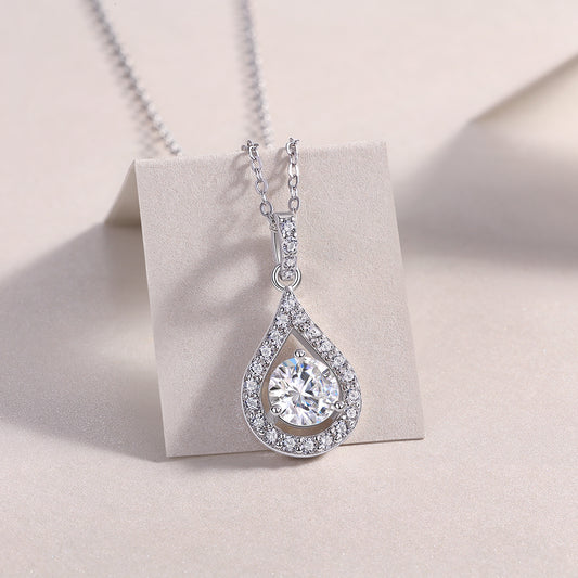 Tear Drop Halo One Carat Necklace - GRA Certified Moissanite | Platinum Plated Sterling Silver
