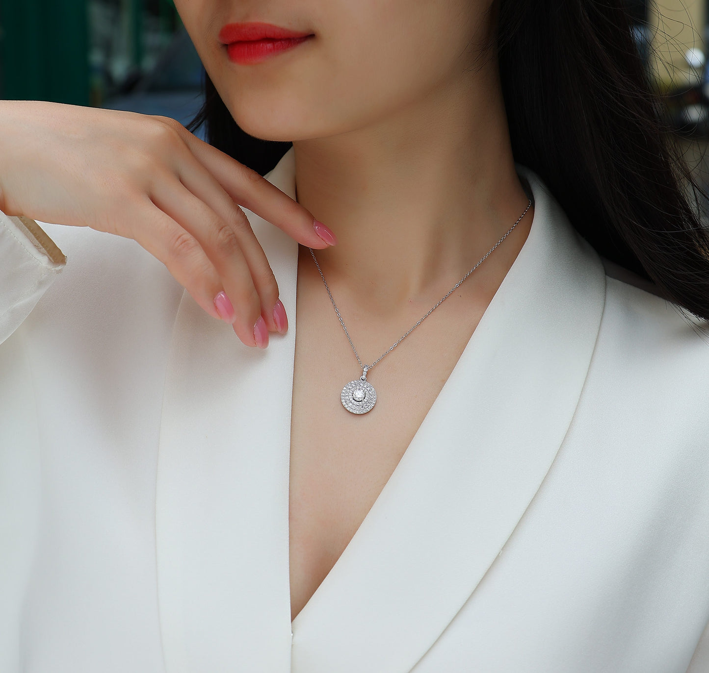Triple Halo Necklace - GRA Certified Moissanite | Platinum Plated Sterling Silver