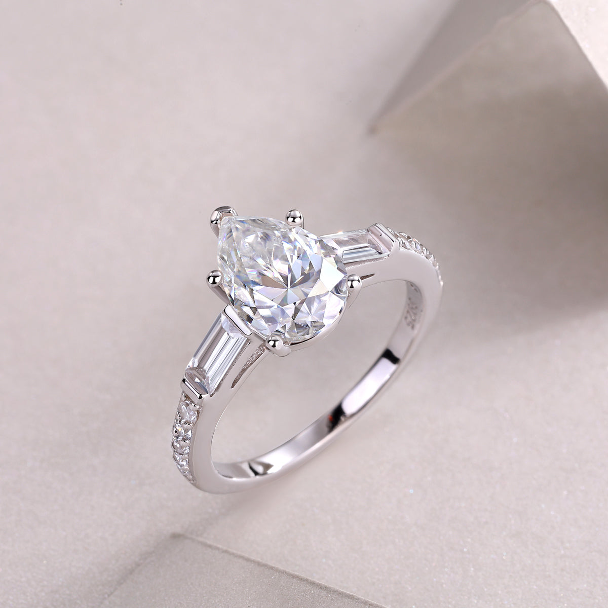 Pear Shaped Engagement Ring - GRA Certified Moissanite | Platinum Plated Sterling Silver