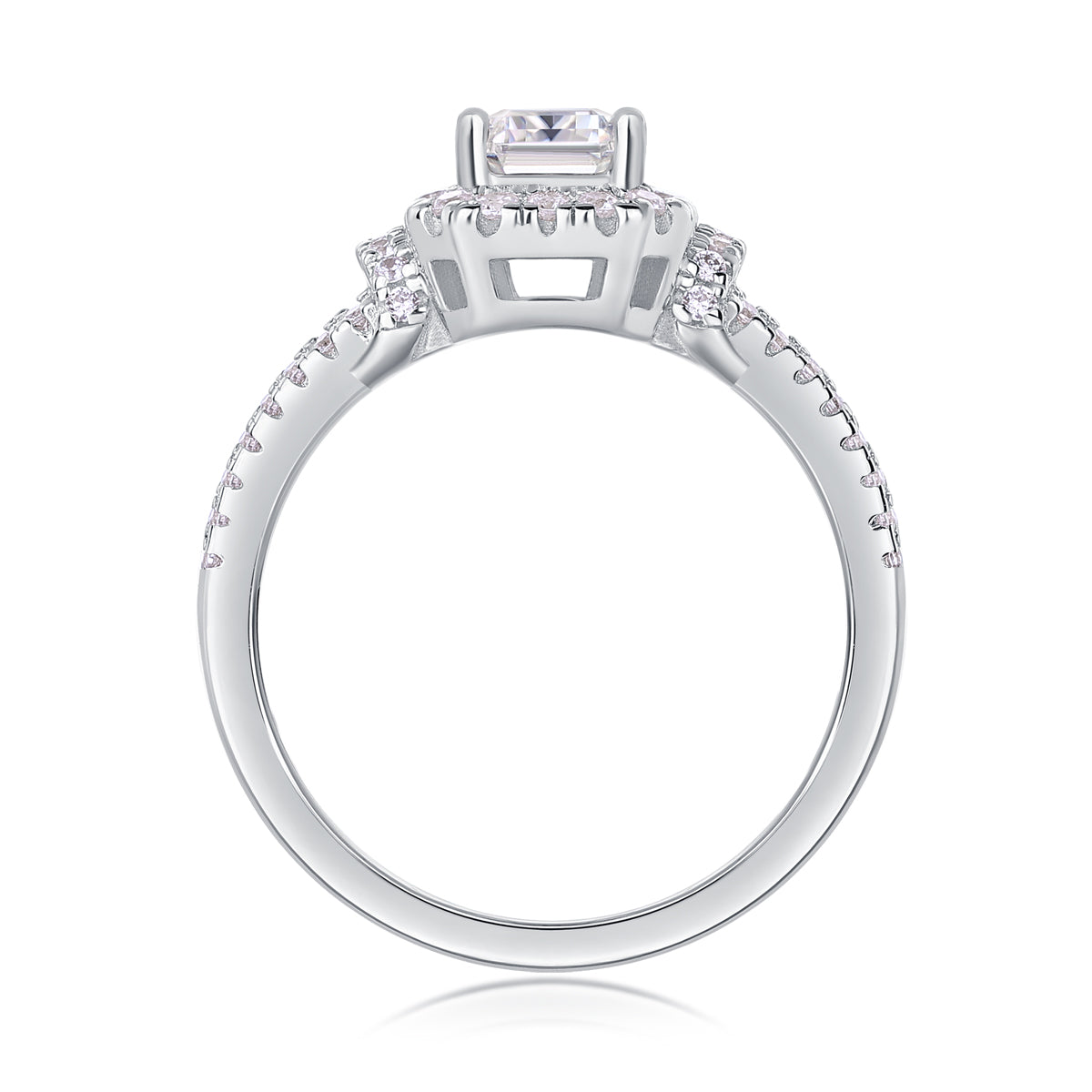 Emerald Cut Halo Engagement Ring - GRA Certified Moissanite | Platinum Plated Sterling Silver
