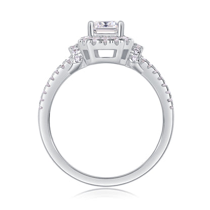 Emerald Cut Halo Engagement Ring - GRA Certified Moissanite | Platinum Plated Sterling Silver