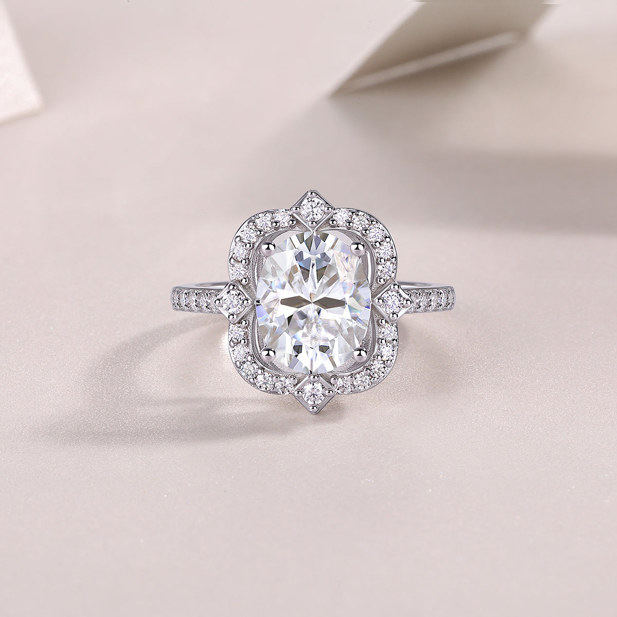 Royal Halo Engagement Ring - GRA Certified Moissanite | Platinum Plated Sterling Silver