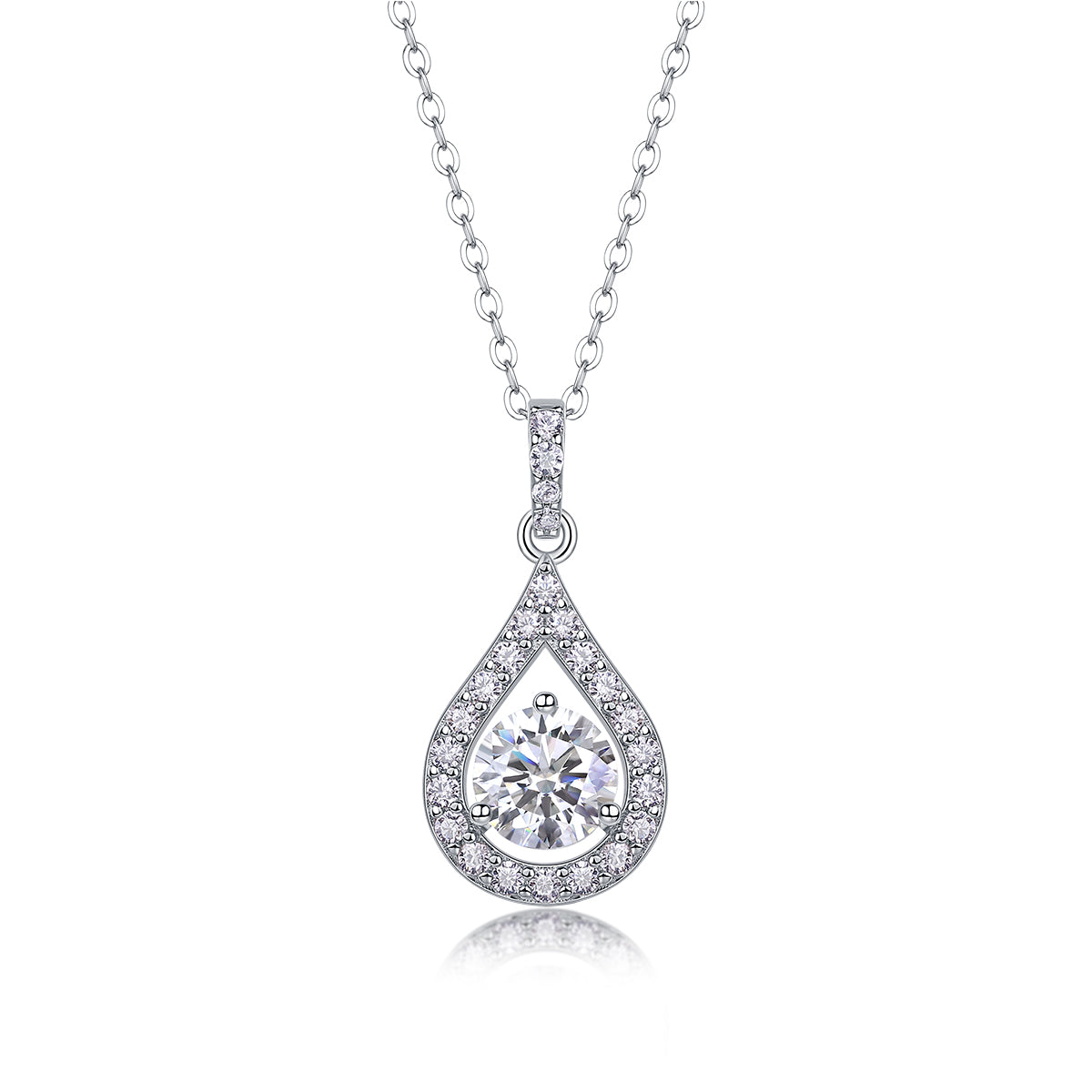 Tear Drop Halo One Carat Necklace - GRA Certified Moissanite | Platinum Plated Sterling Silver
