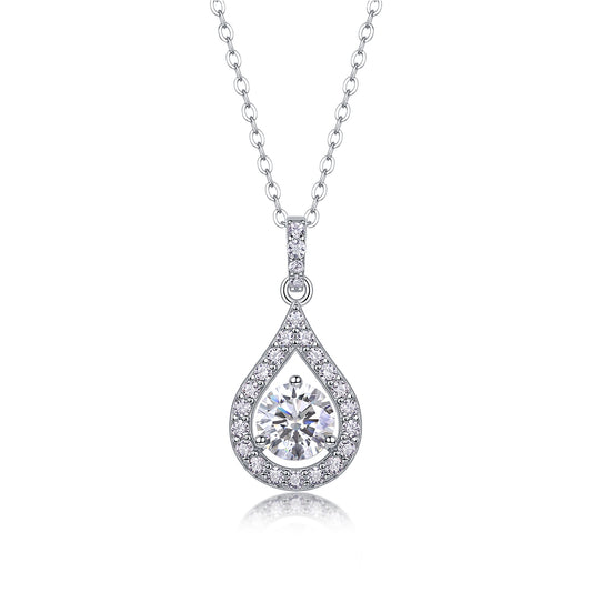 Tear Drop Halo One Carat Necklace - GRA Certified Moissanite | Platinum Plated Sterling Silver