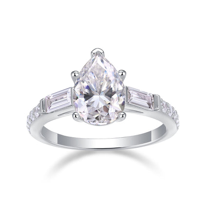 Pear Shaped Engagement Ring - GRA Certified Moissanite | Platinum Plated Sterling Silver