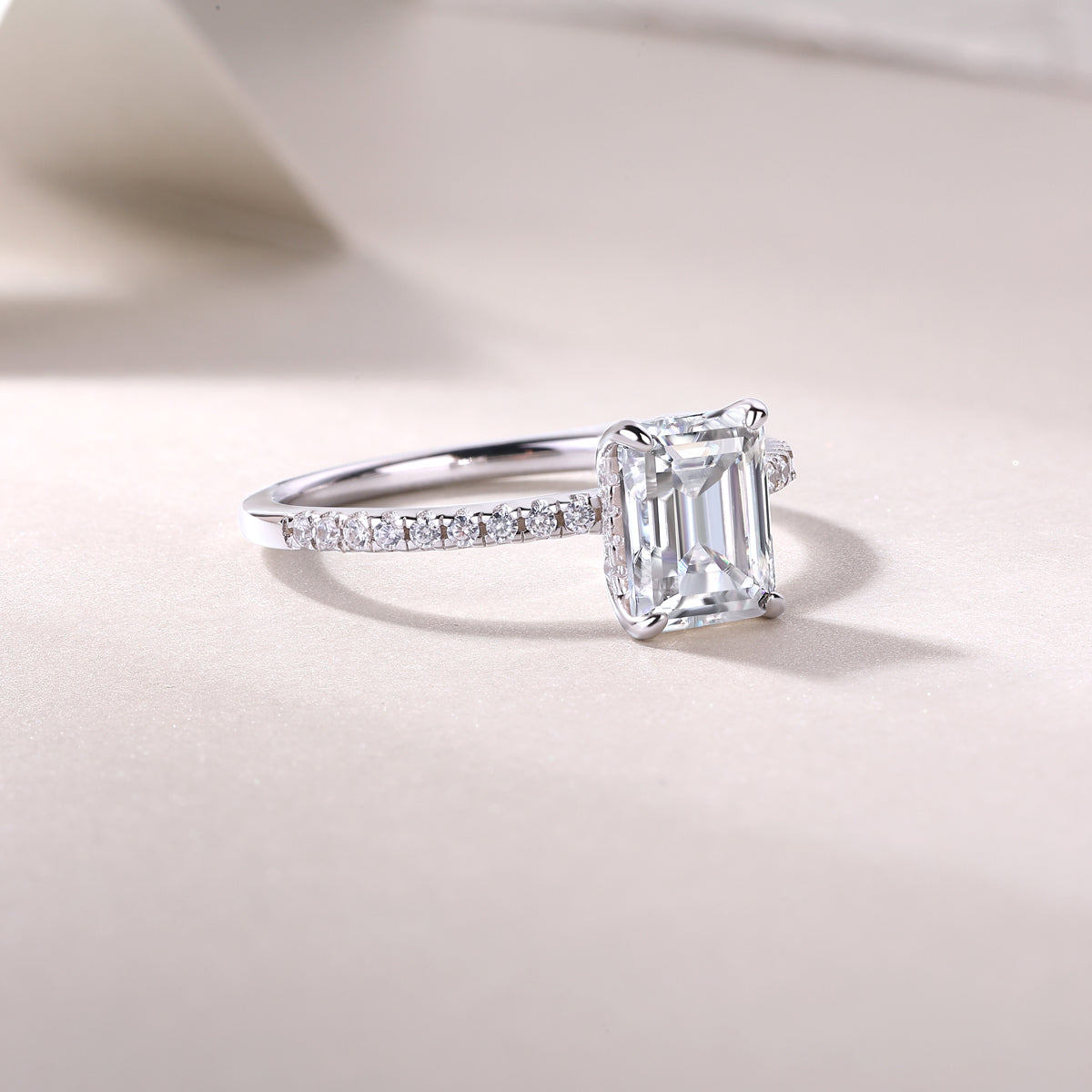 Emerald Cut Engagement Ring - GRA Certified Moissanite | Platinum Plated Sterling Silver