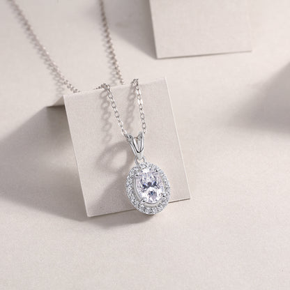 Jupiter Halo Necklace - Oval Cut GRA Certified Moissanite | Platinum Plated Sterling Silver