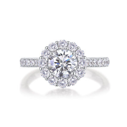 Round Halo Engagement Ring - GRA Certified Moissanite | Platinum Plated Sterling Silver