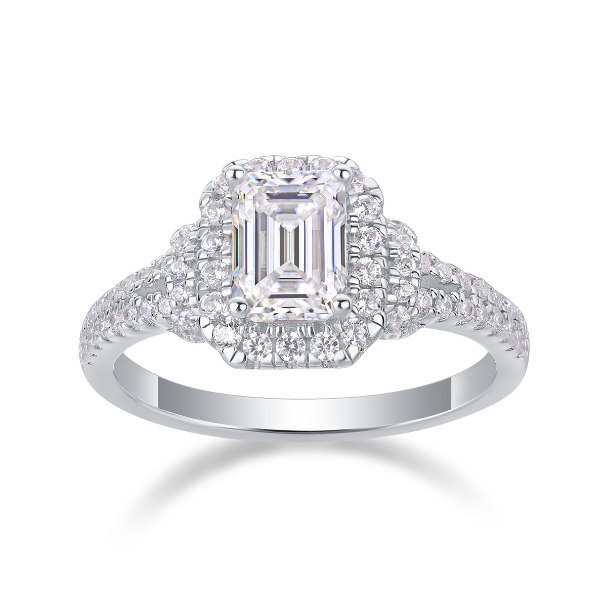 Emerald Cut Halo Engagement Ring - GRA Certified Moissanite | Platinum Plated Sterling Silver