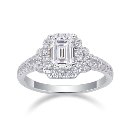 Emerald Cut Halo Engagement Ring - GRA Certified Moissanite | Platinum Plated Sterling Silver