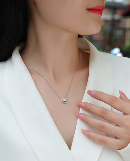 Flower Halo Necklace - GRA Certified Moissanite | Platinum Plated Sterling Silver