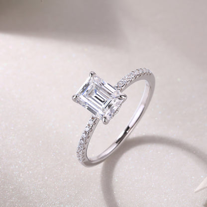 Emerald Cut Engagement Ring - GRA Certified Moissanite | Platinum Plated Sterling Silver