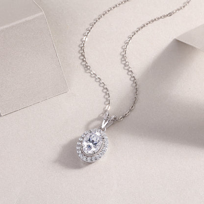 Jupiter Halo Necklace - Oval Cut GRA Certified Moissanite | Platinum Plated Sterling Silver
