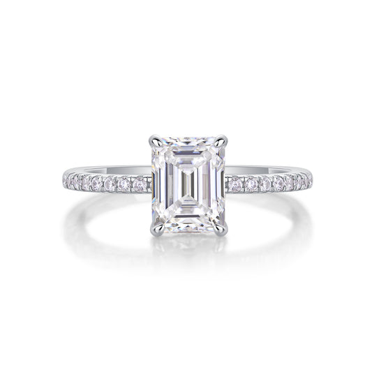 Emerald Cut Engagement Ring - GRA Certified Moissanite | Platinum Plated Sterling Silver