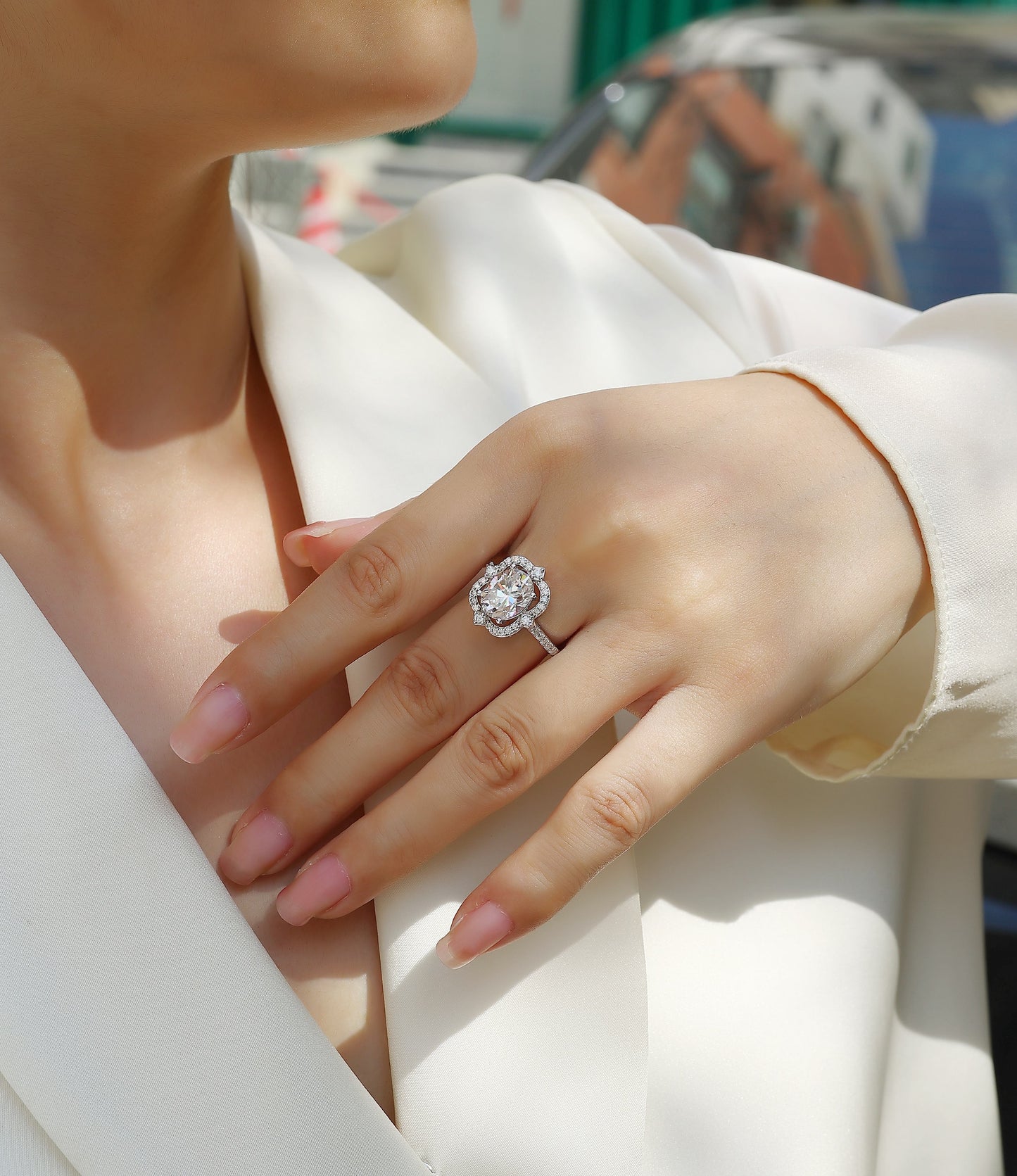 Royal Halo Engagement Ring - GRA Certified Moissanite | Platinum Plated Sterling Silver