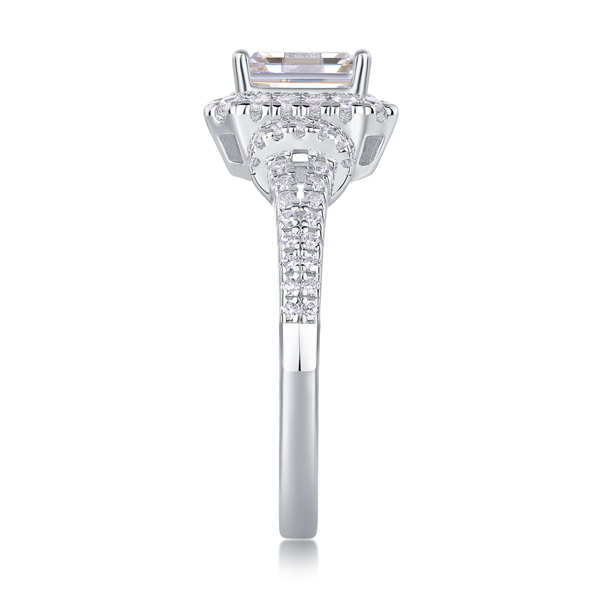 Emerald Cut Halo Engagement Ring - GRA Certified Moissanite | Platinum Plated Sterling Silver