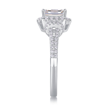 Emerald Cut Halo Engagement Ring - GRA Certified Moissanite | Platinum Plated Sterling Silver