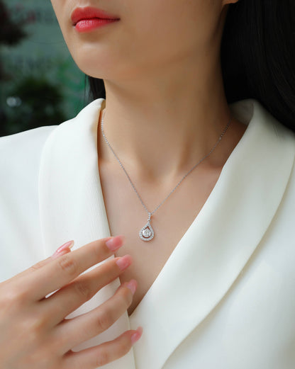 Tear Drop Halo One Carat Necklace - GRA Certified Moissanite | Platinum Plated Sterling Silver