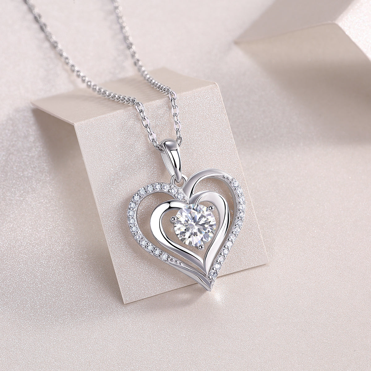 Double Heart Necklace - GRA Certified Moissanite | Platinum Plated Serling Silver