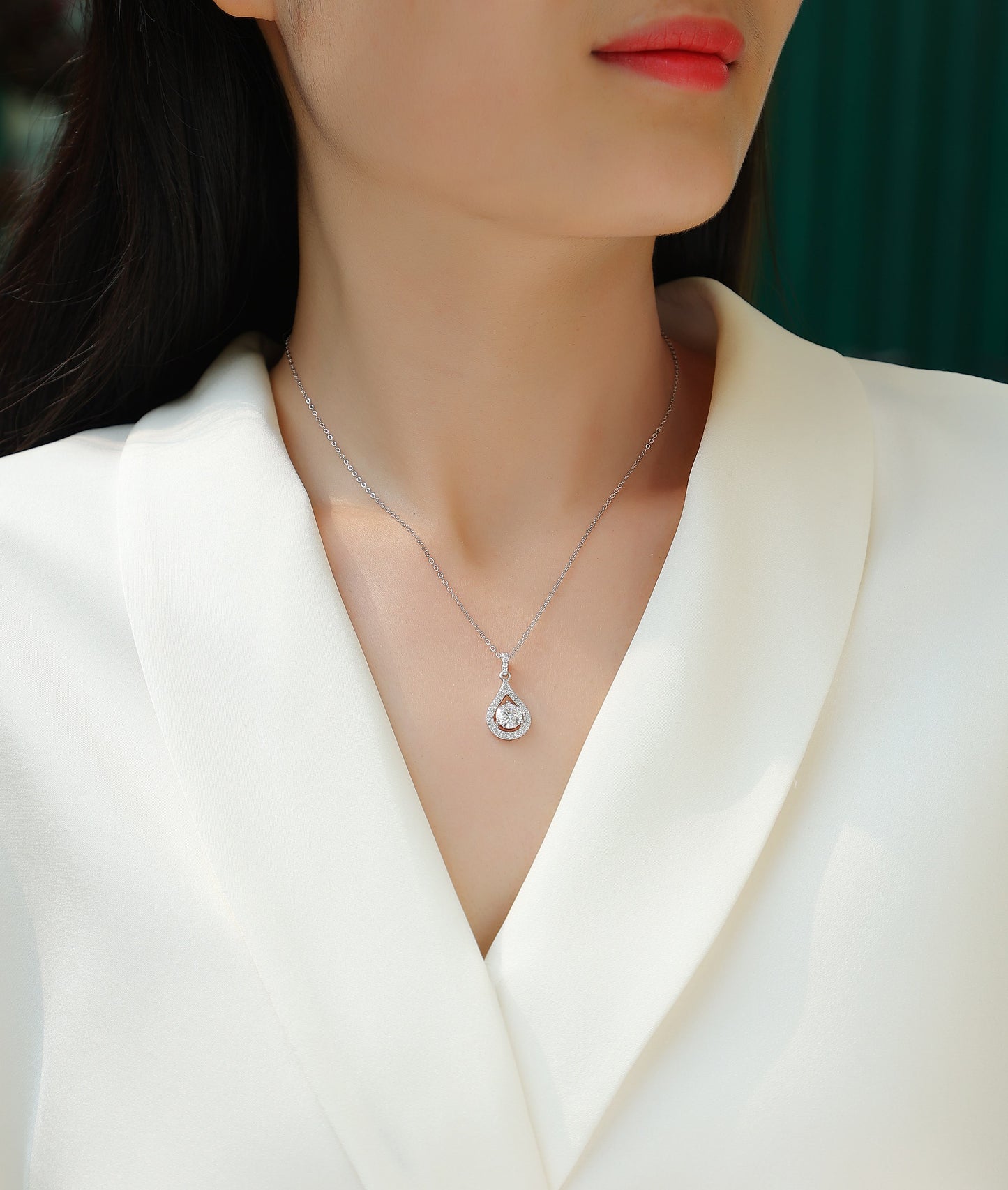 Tear Drop Halo One Carat Necklace - GRA Certified Moissanite | Platinum Plated Sterling Silver