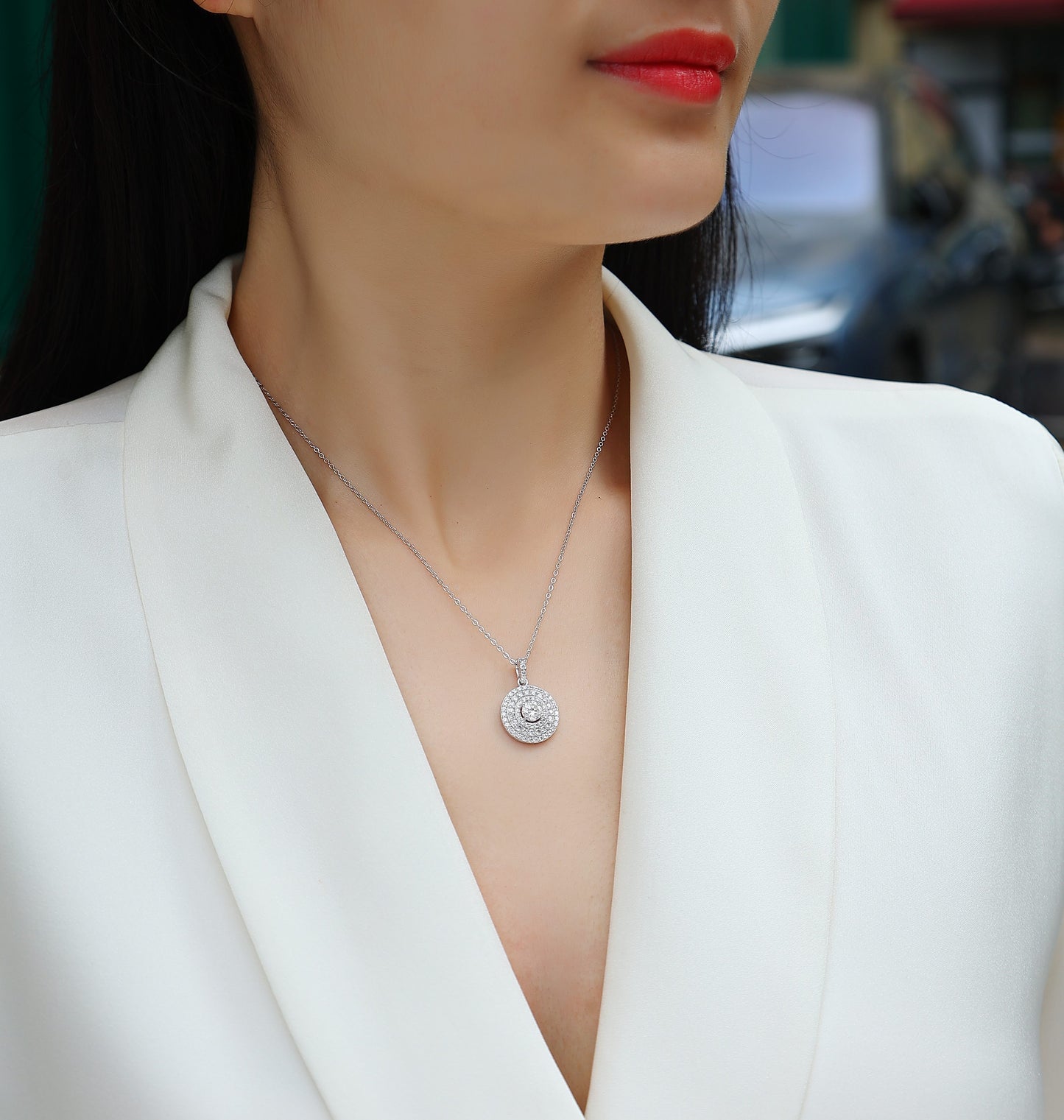 Triple Halo Necklace - GRA Certified Moissanite | Platinum Plated Sterling Silver