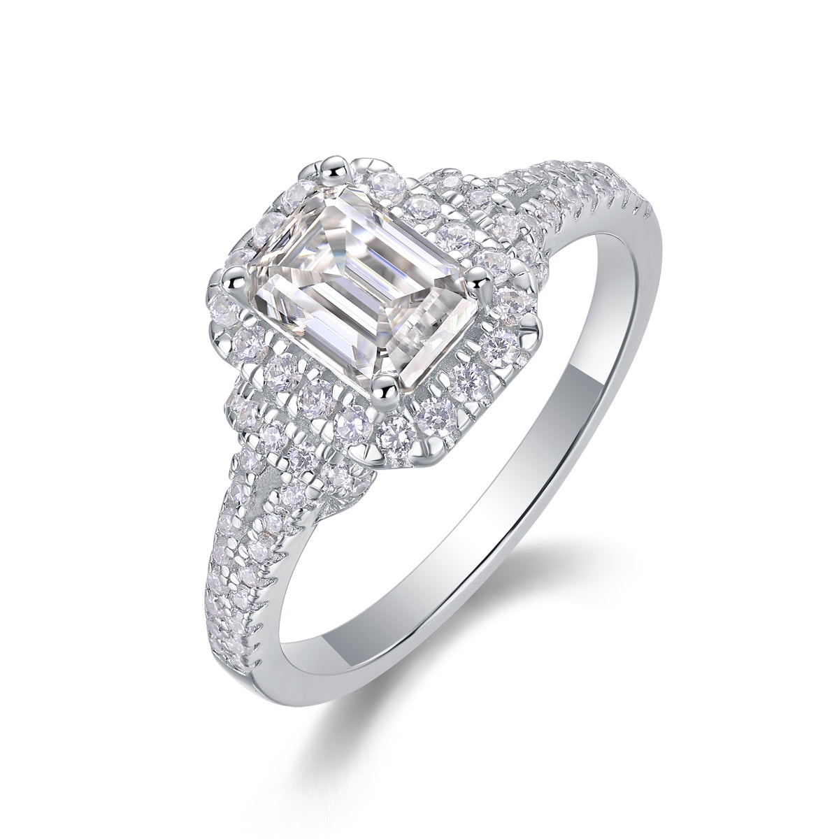 Emerald Cut Halo Engagement Ring - GRA Certified Moissanite | Platinum Plated Sterling Silver