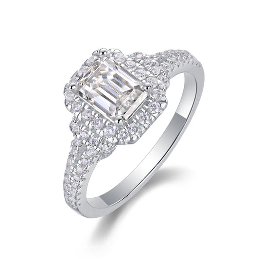 Emerald Cut Halo Engagement Ring - GRA Certified Moissanite | Platinum Plated Sterling Silver