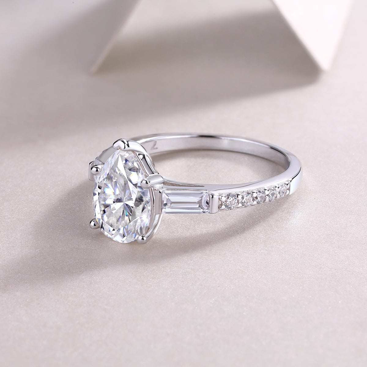 Pear Shaped Engagement Ring - GRA Certified Moissanite | Platinum Plated Sterling Silver