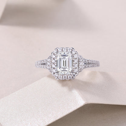 Emerald Cut Halo Engagement Ring - GRA Certified Moissanite | Platinum Plated Sterling Silver