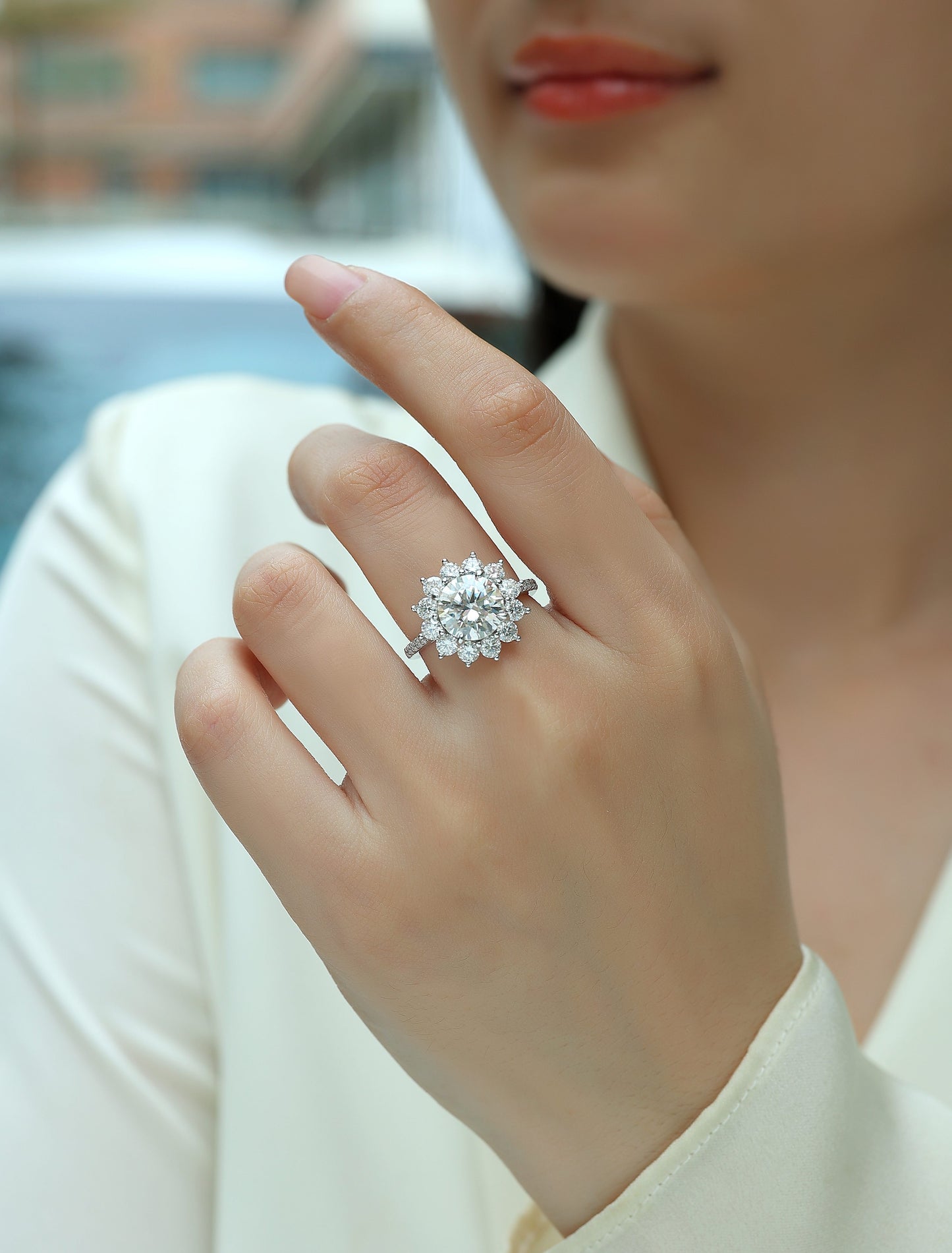 3 Carat Star Flower Engagement Ring - GRA Certified Moissanite | Platinum Plated Sterling Silver