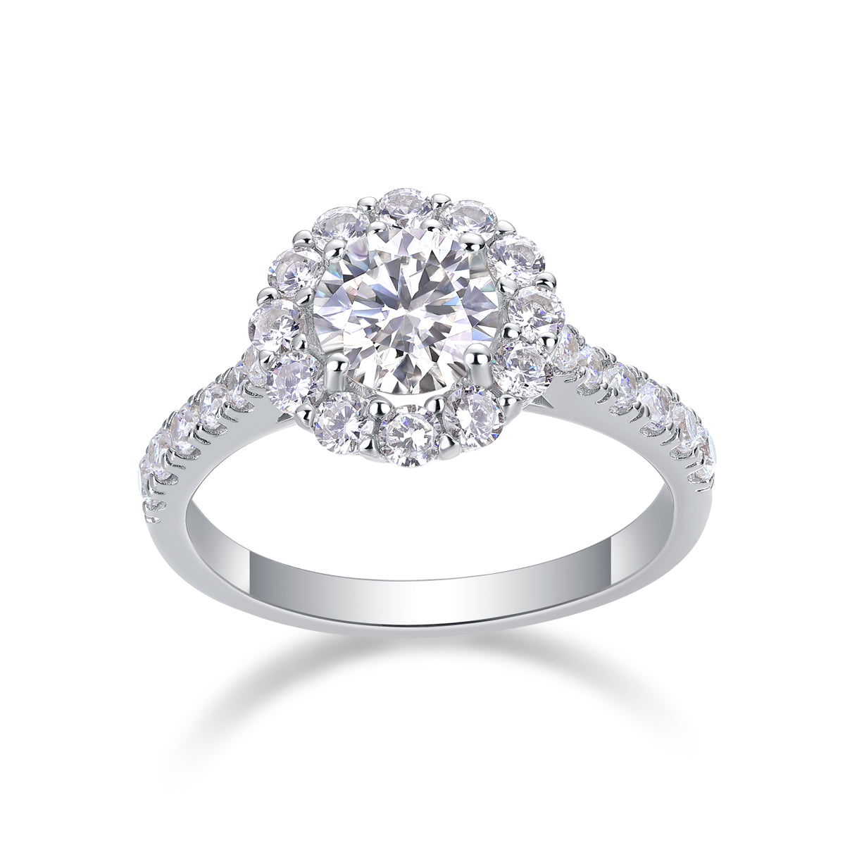 Round Halo Engagement Ring - GRA Certified Moissanite | Platinum Plated Sterling Silver