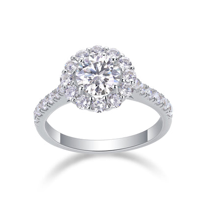 Round Halo Engagement Ring - GRA Certified Moissanite | Platinum Plated Sterling Silver