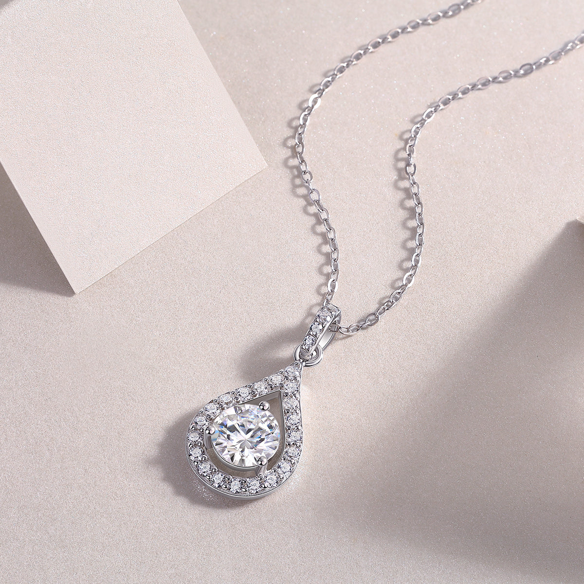 Tear Drop Halo One Carat Necklace - GRA Certified Moissanite | Platinum Plated Sterling Silver