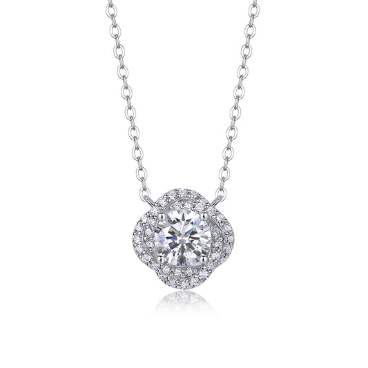 Flower Halo Necklace - GRA Certified Moissanite | Platinum Plated Sterling Silver