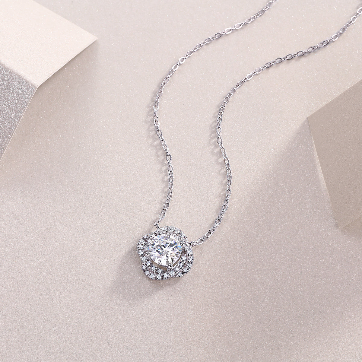 Flower Halo Necklace - GRA Certified Moissanite | Platinum Plated Sterling Silver