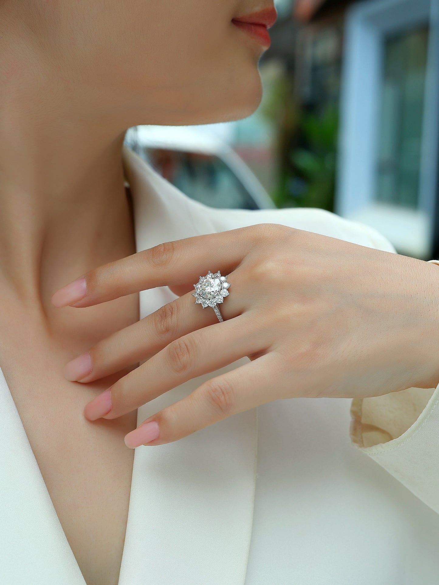 3 Carat Star Flower Engagement Ring - GRA Certified Moissanite | Platinum Plated Sterling Silver