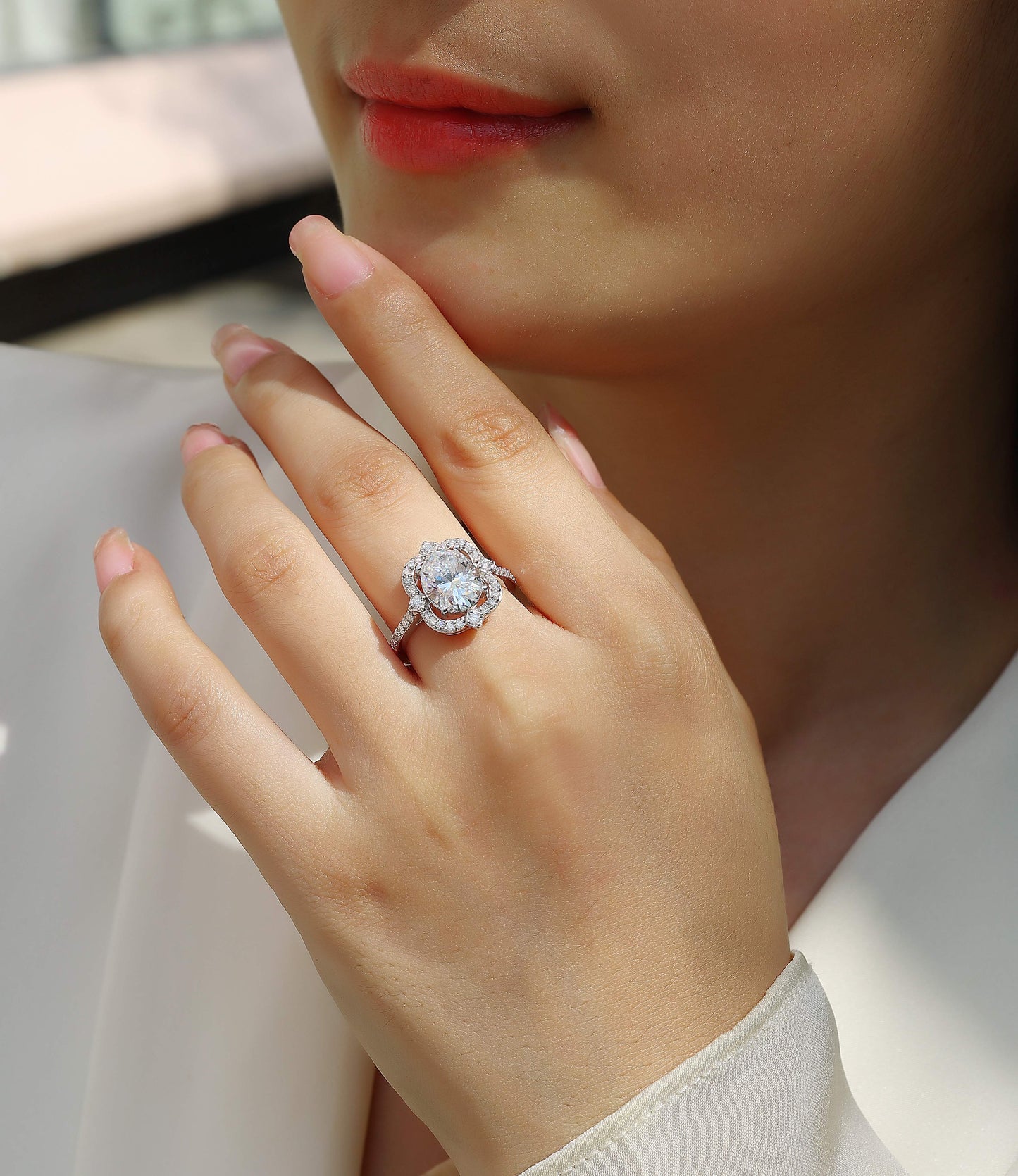 Royal Halo Engagement Ring - GRA Certified Moissanite | Platinum Plated Sterling Silver