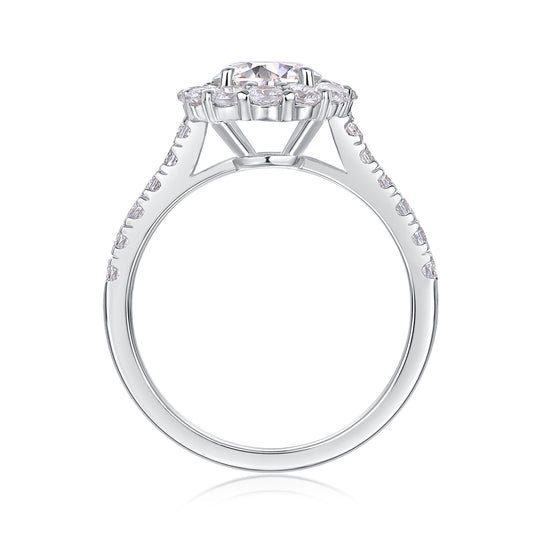 Round Halo Engagement Ring - GRA Certified Moissanite | Platinum Plated Sterling Silver