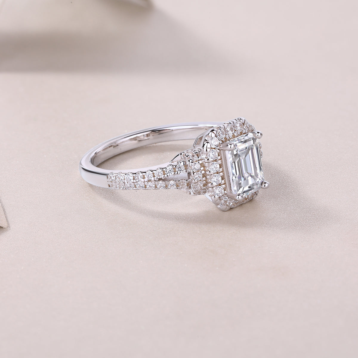 Emerald Cut Halo Engagement Ring - GRA Certified Moissanite | Platinum Plated Sterling Silver