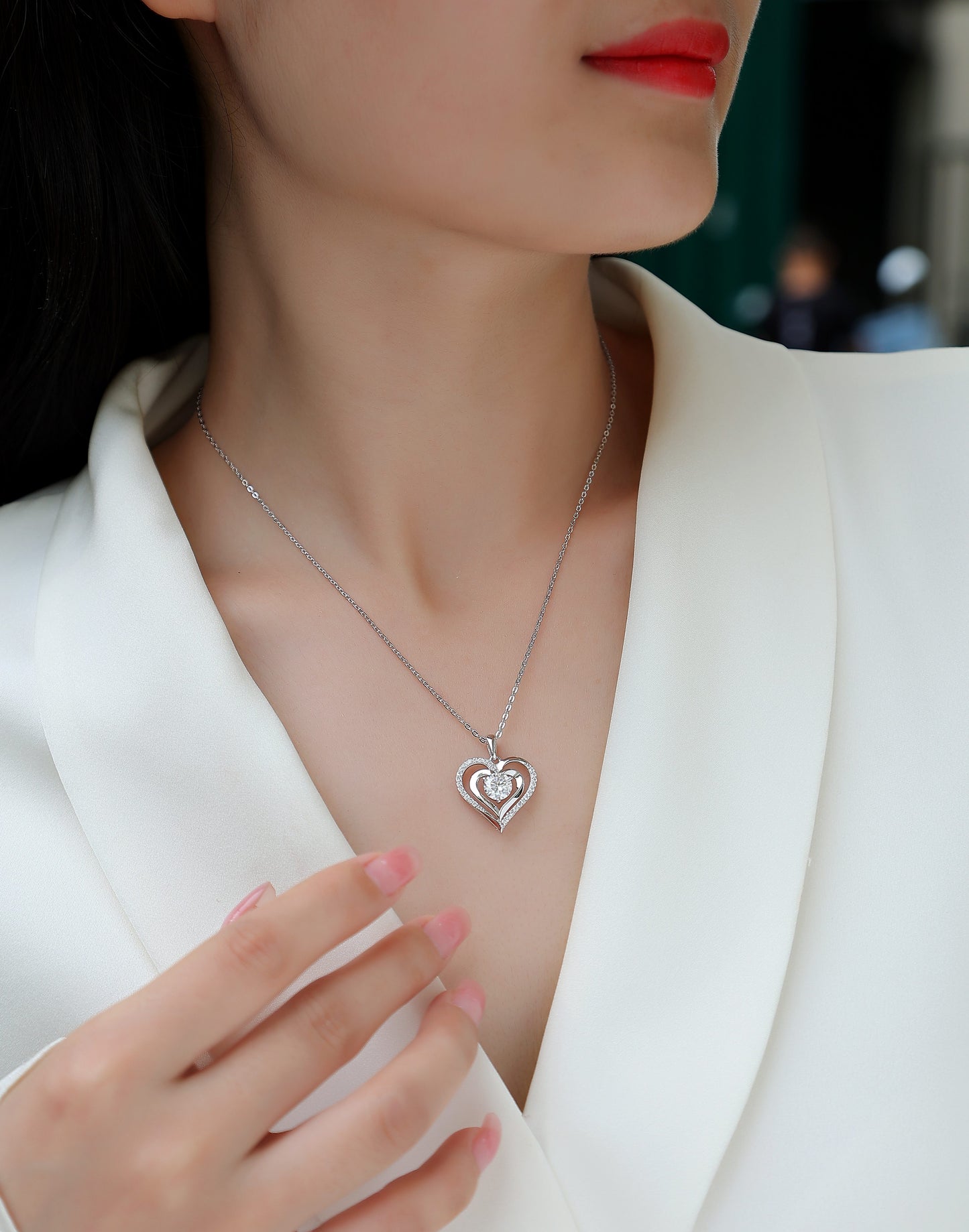 Double Heart Necklace - GRA Certified Moissanite | Platinum Plated Serling Silver