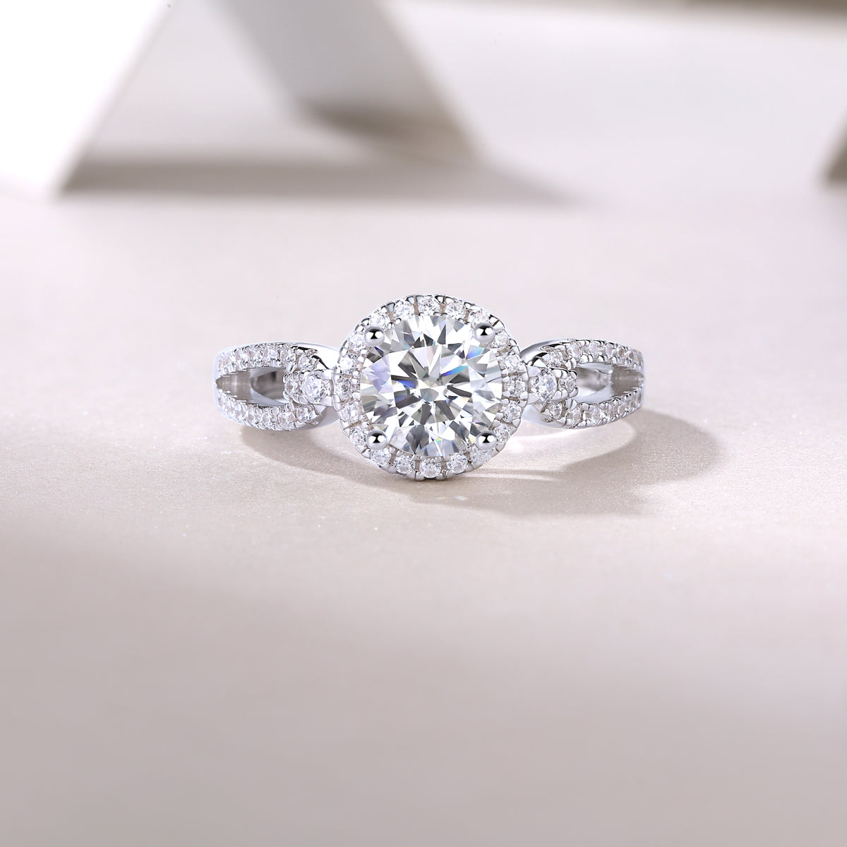 Full Moon Engagement Ring - GRA Certified Moissanite | Platinum Plated Sterling Silver